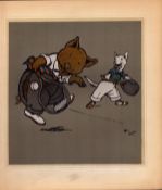 Cecil Aldin Merry Party Rare Antique Book Plate “ Pig & Fox Playing Tennis”.