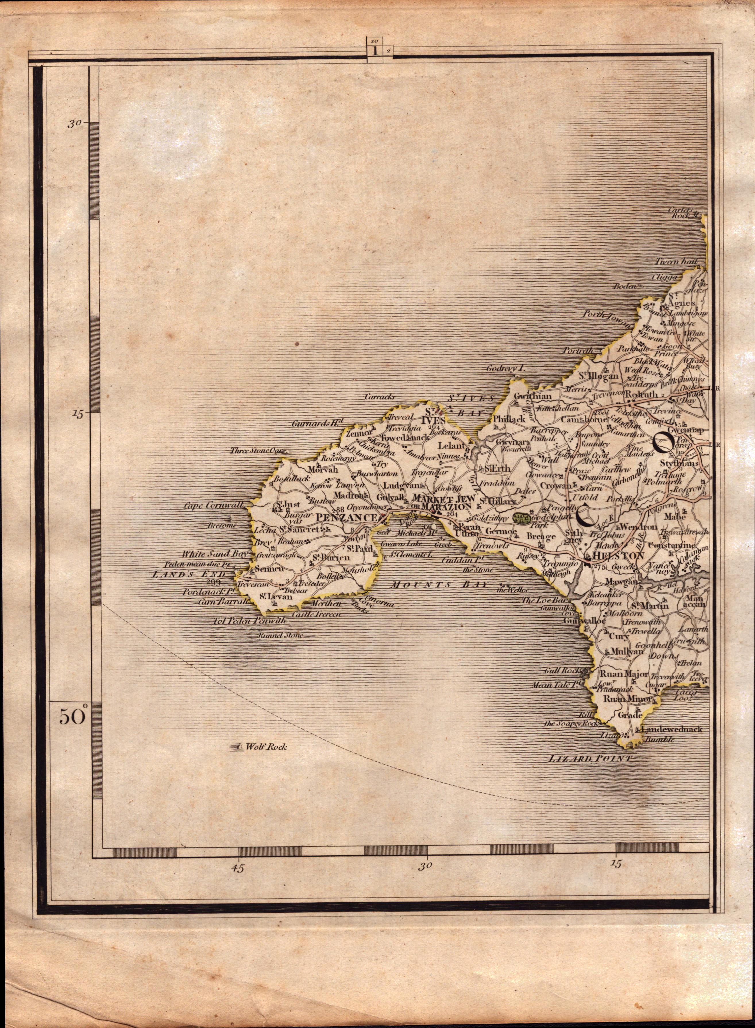 Cornwall Penzance, St Ives, Redruth, Lands’ End, John Cary’s Antique 1794 Map.