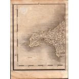 Cornwall Penzance, St Ives, Redruth, Lands’ End, John Cary’s Antique 1794 Map.