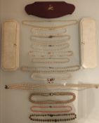 A Collection of 10 X Pearls Necklaces and 2 X Beaded Necklaces. Hallmarks Include 9Ct / Sterling...