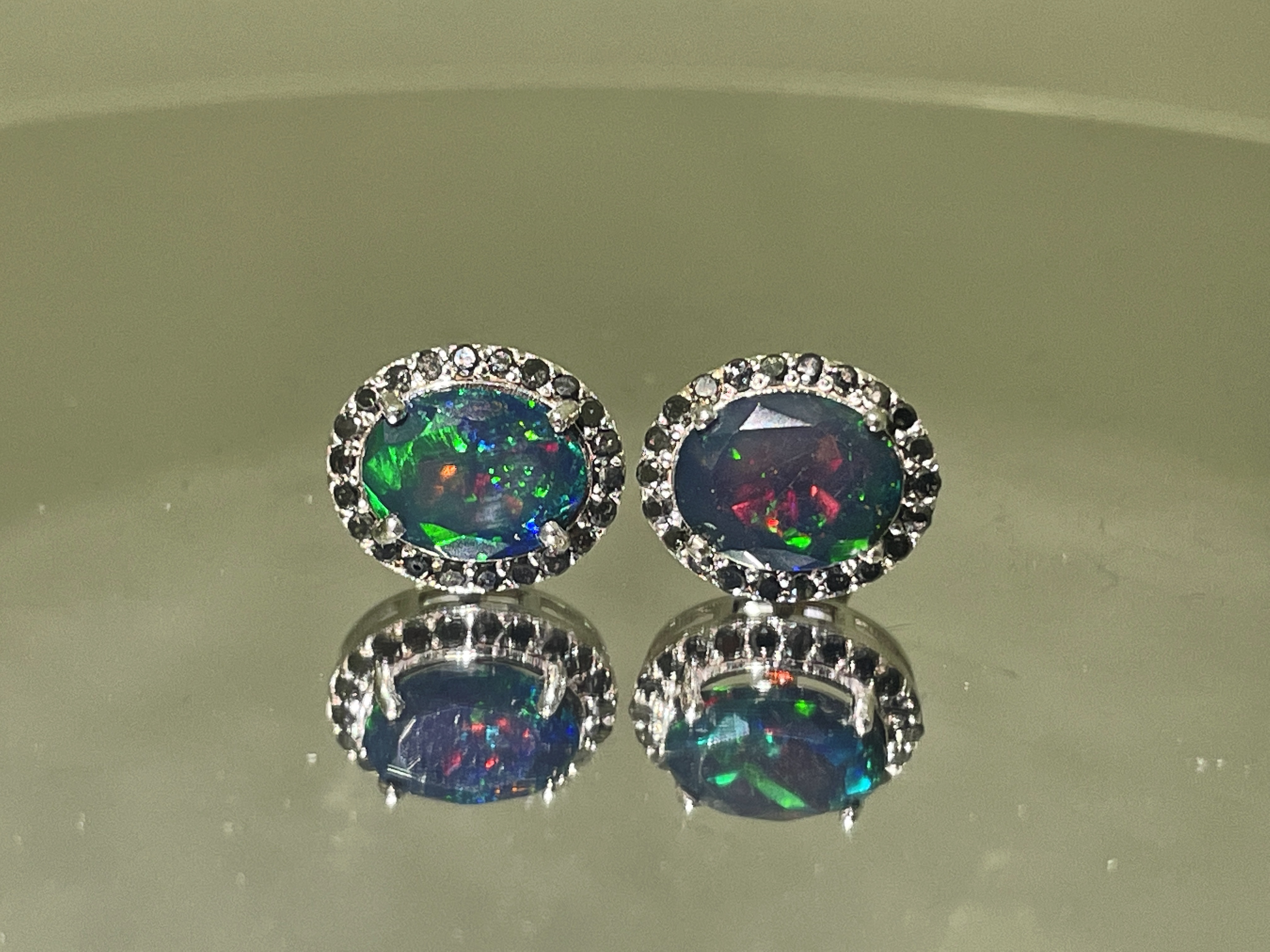 Beautiful Natural Black Opal Earrings With Natural Black Diamond & 18k Gold - Image 3 of 11