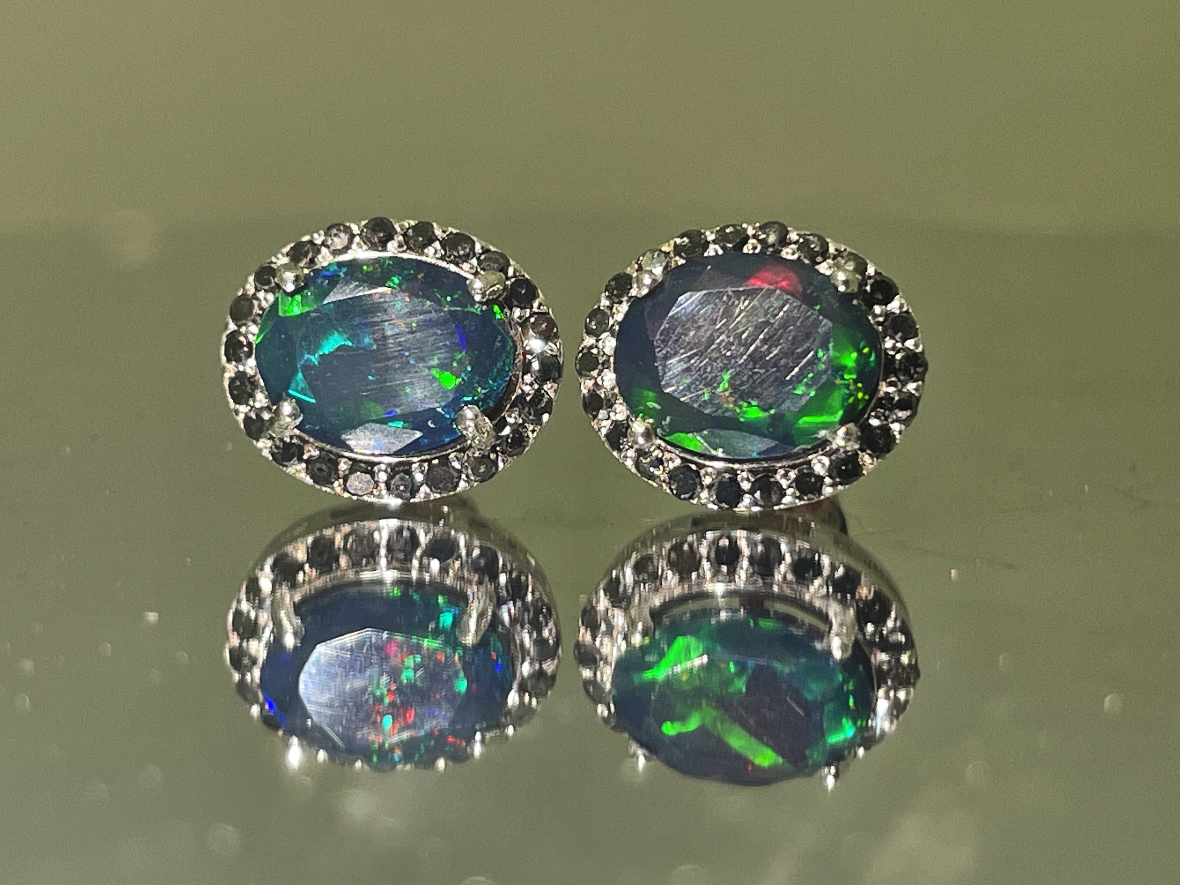 Beautiful Natural Black Opal Earrings With Natural Black Diamond & 18k Gold - Image 6 of 11