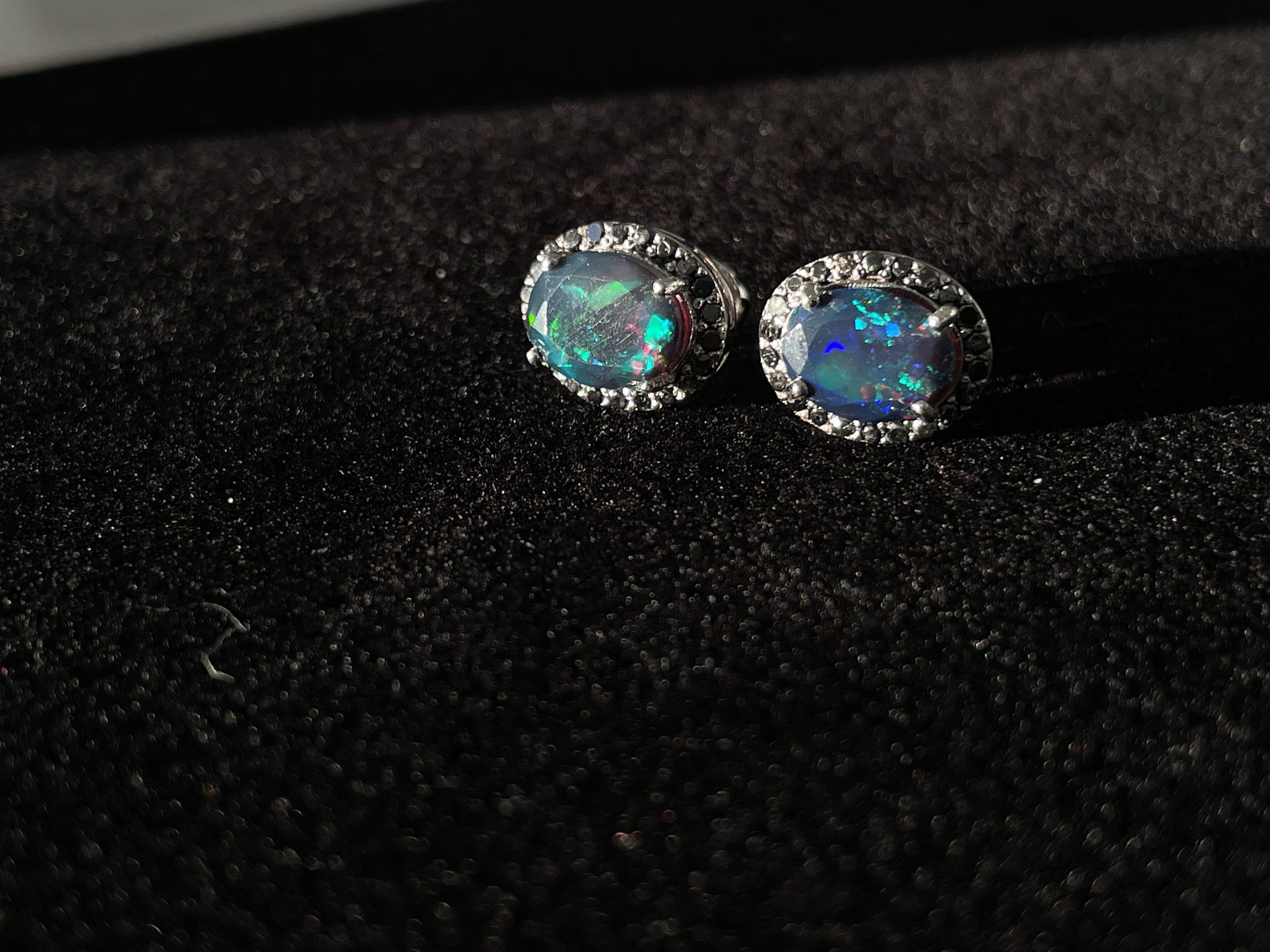 Beautiful Natural Black Opal Earrings With Natural Black Diamond & 18k Gold - Image 9 of 11