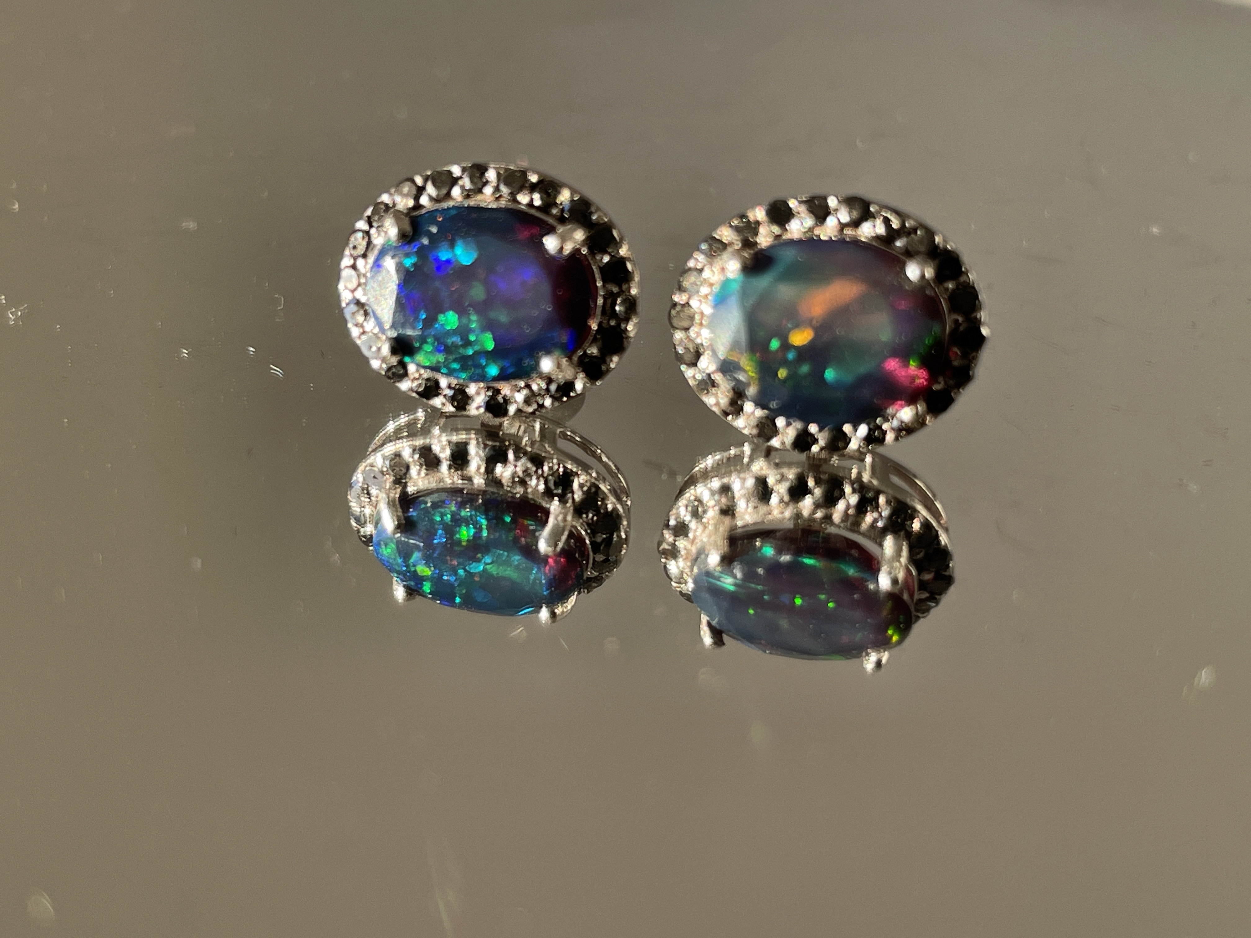 Beautiful Natural Black Opal Earrings With Natural Black Diamond & 18k Gold - Image 2 of 11