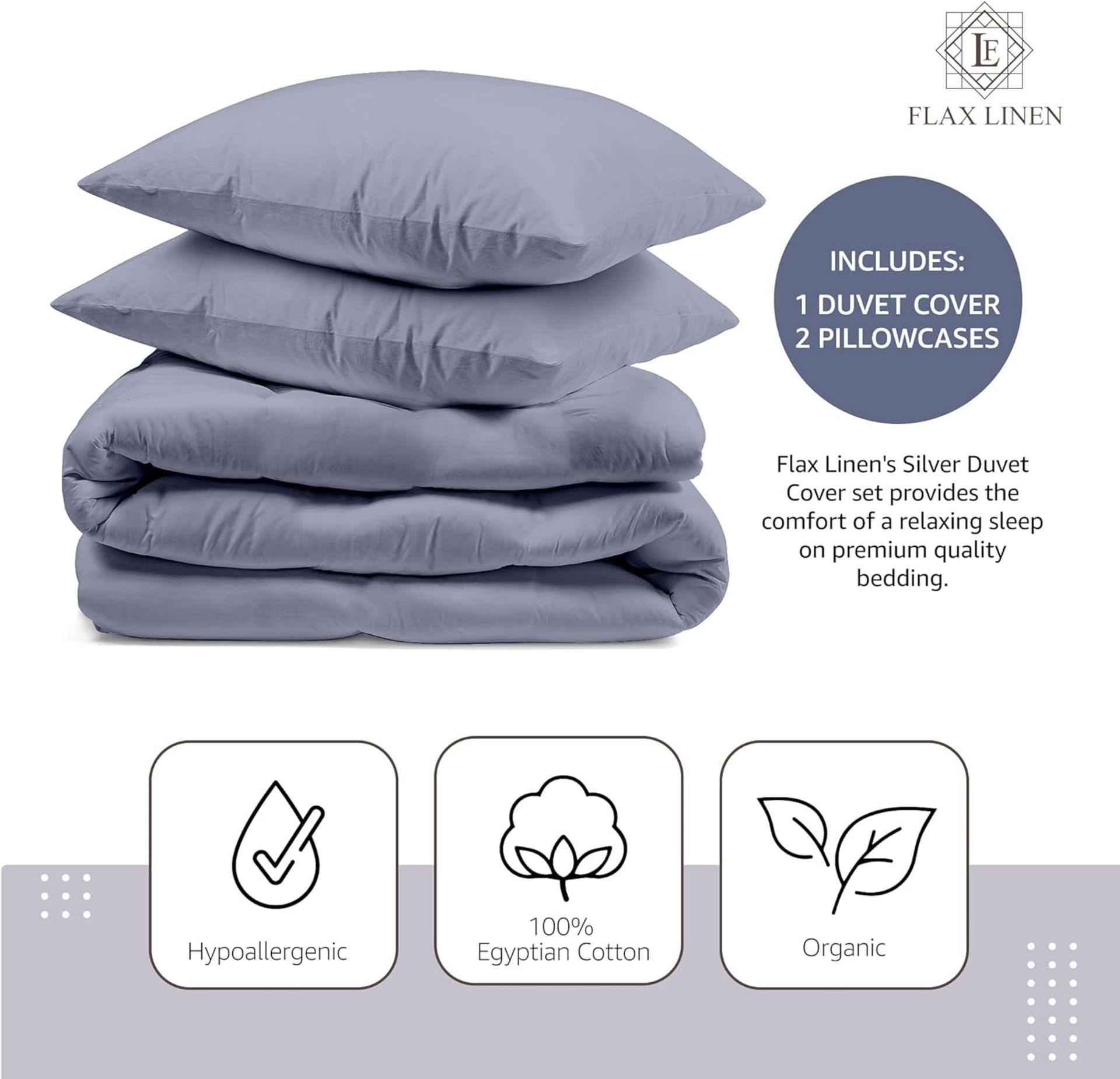 FLAX LINEN Organic Duvet Covers Set Grey, Classic Silver Collection, 400 Thread Count,(King)