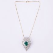 14 K / 585 White Gold Emerald and Diamond Brooch / Pendant Necklace