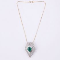 14 K / 585 White Gold Emerald and Diamond Brooch / Pendant Necklace