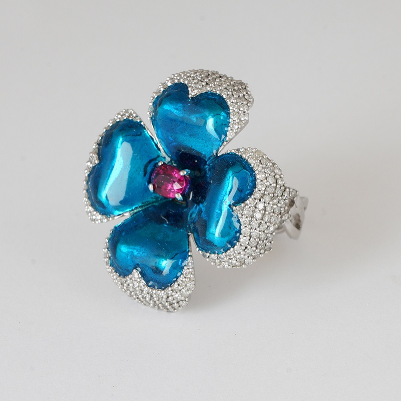 14 K / 585 White Gold Designer Ruby ( GIA Certified ) & Diamond Ring With Blue Enamel - Image 4 of 6