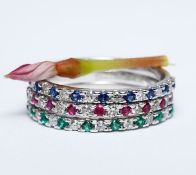 14 K White Gold Set of 3 Diamond, Ruby, Blue Sapphire and Emerald Band Rings