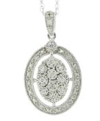 9ct White Gold Oval Cluster Halo Diamond Pendant and Chain 0.10 Carats