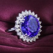 14 K / 585 White Gold Designer Large Tanzanite (GIA Certified) and Diamond Ring