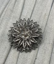 Vintage Filigree Flower Brooch Unmarked Silver Pin Sweetheart Floral Intricate