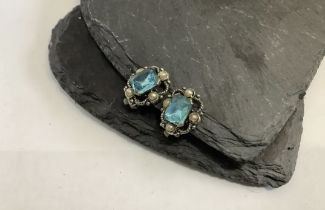 Vintage Blue Topaz and Pearl Seed Sterling Silver Clip On Earrings
