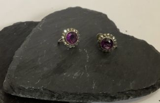 Vintage Screw Back Sterling Silver Purple Amethyst and Diamond Earrings