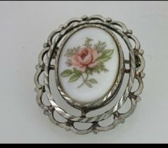 Vintage Sterling Silver and Porcelain Rose Decoration Centre Cabochon