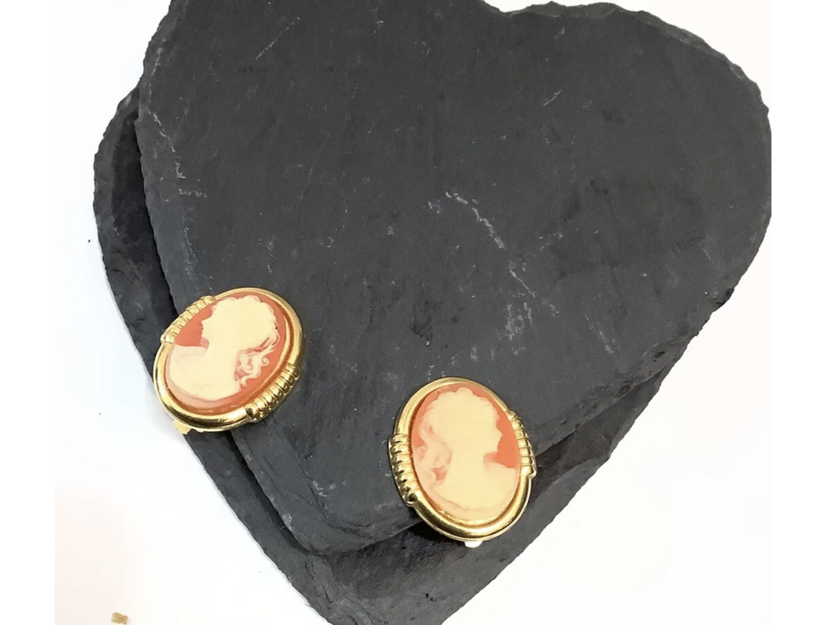 Vintage Yellow Metal Coral Cameo Clip On Earrings - Image 2 of 2