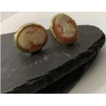 Vintage Yellow Metal Coral Cameo Clip On Earrings