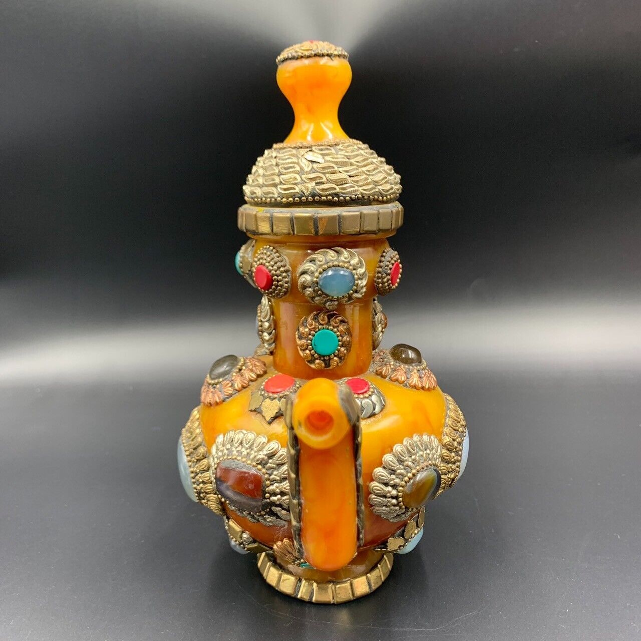 Vintage Handmade Old Nepalese Pressed Amber Jewel Pot With Agate Stones, Collectible - Image 2 of 5