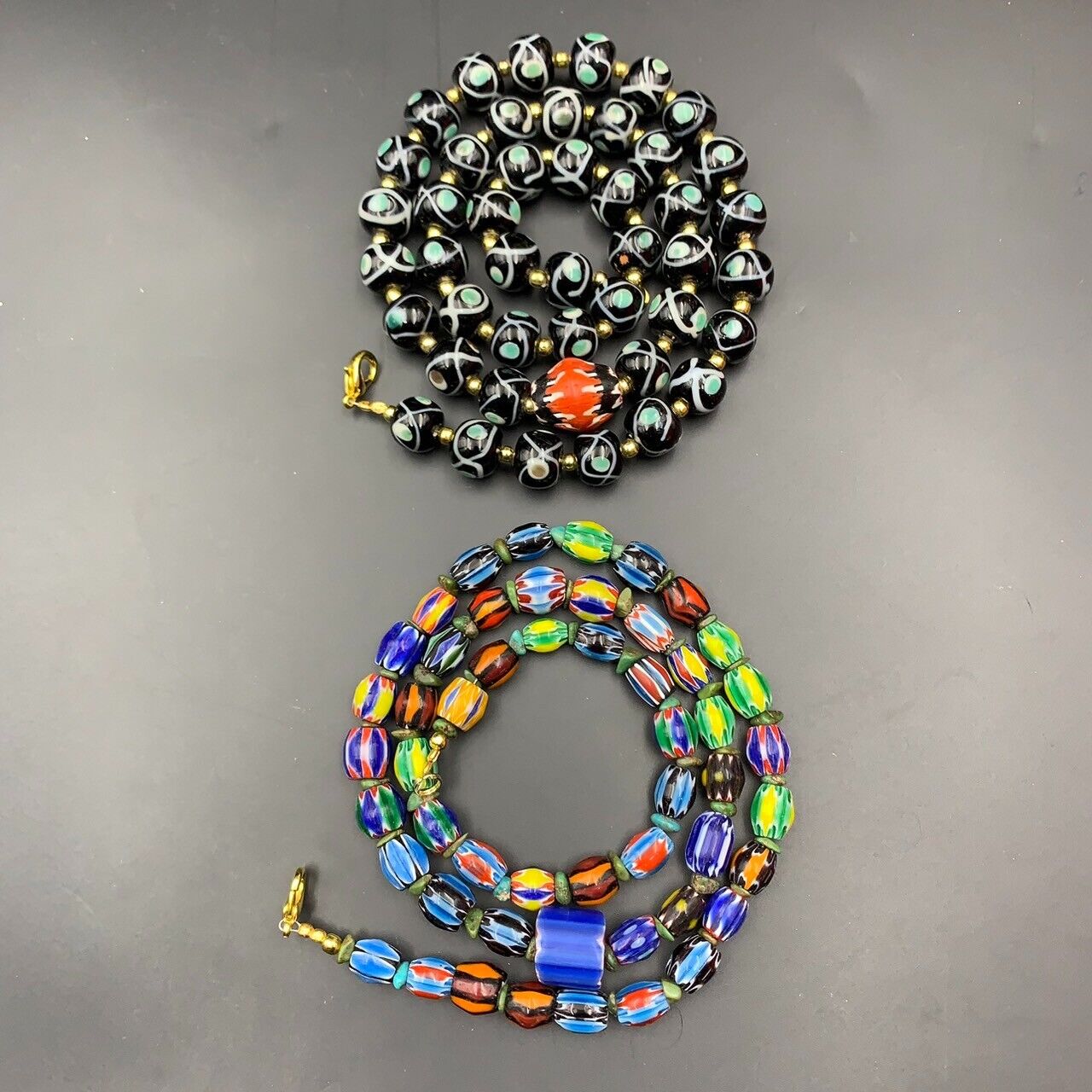 Vintage Chevron Trade Glass Beads & Fancy Glass Beads Necklace, 2 Piece - Image 4 of 6
