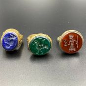 3 Piece Near Eastern Antique Agate, Carnelian & Lapis Lazul Bronze Rings