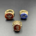 3 Piece Near Eastern Beautiful Hand Carved Carnelian & Lapis Lazul Bronze Rings