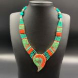 Elegant Natural Tibetan Turquoise, Coral With Bras Handmade Tribal Necklace