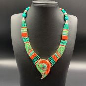 Elegant Natural Tibetan Turquoise, Coral With Bras Handmade Tribal Necklace