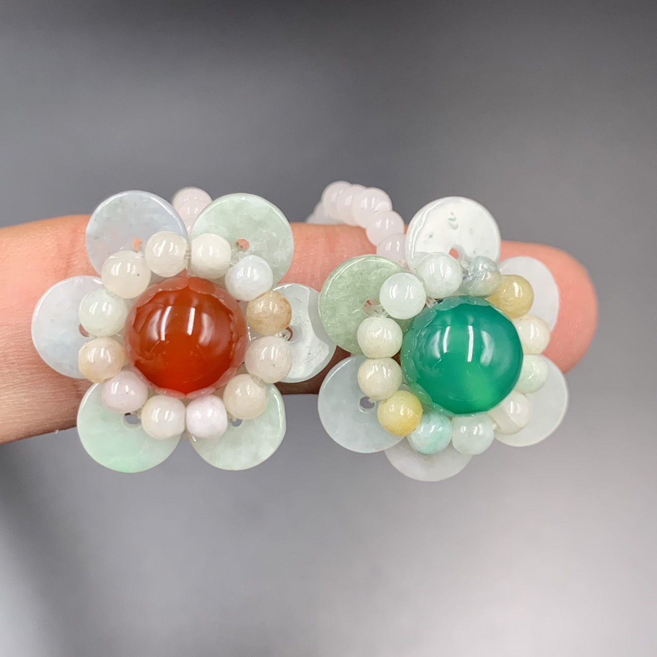 Beautiful 2 Natural Jade Beads With Agate Beads Handmade Rings - Image 2 of 4