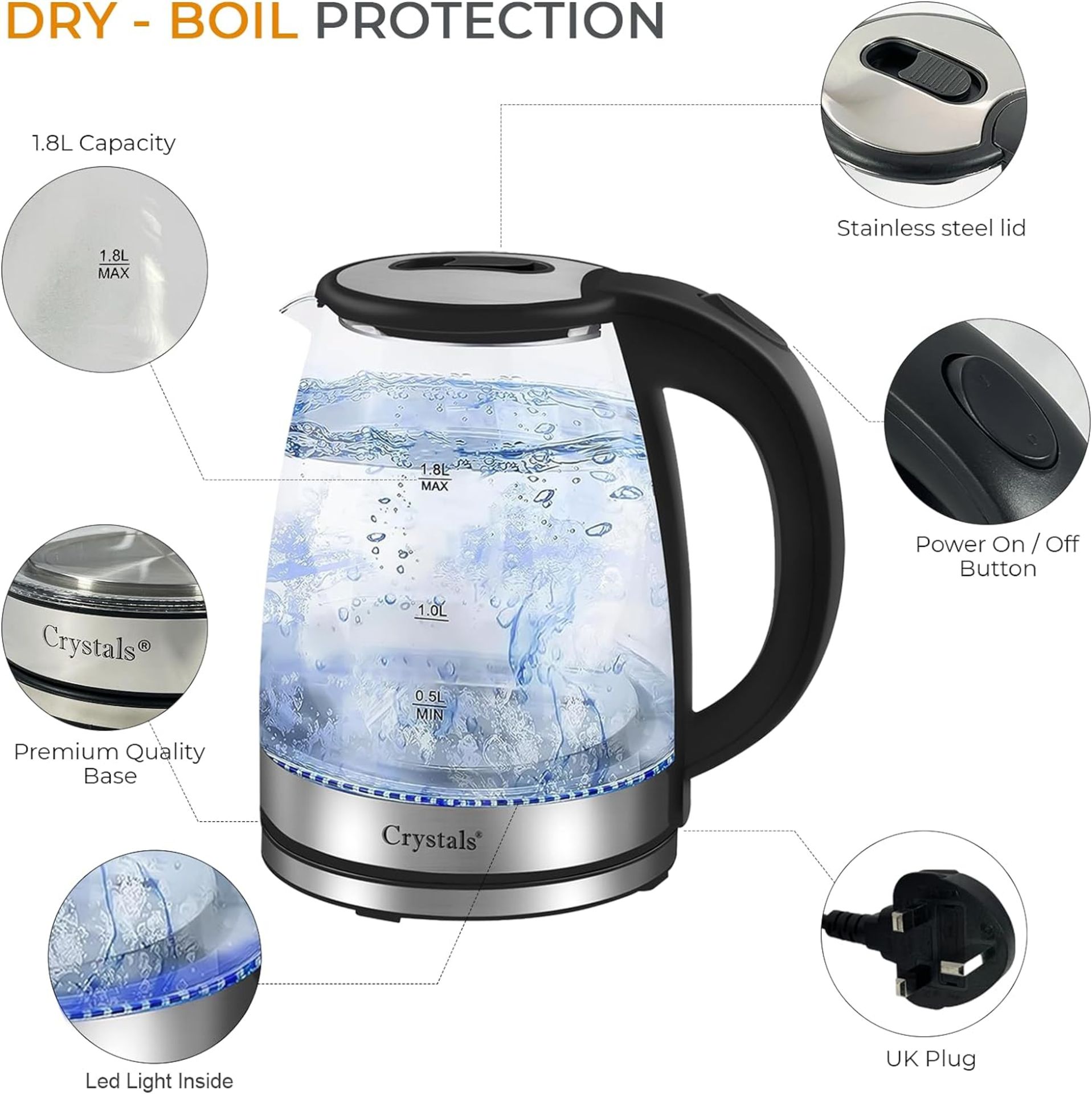 Crystals 1.8L/1500W Glass Electric Kettles, Glass Kettle With Blue LED and Boil Dry Protection, C...