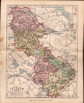 County Of Leitrim Ireland Antique Detailed Coloured Victorian Map.