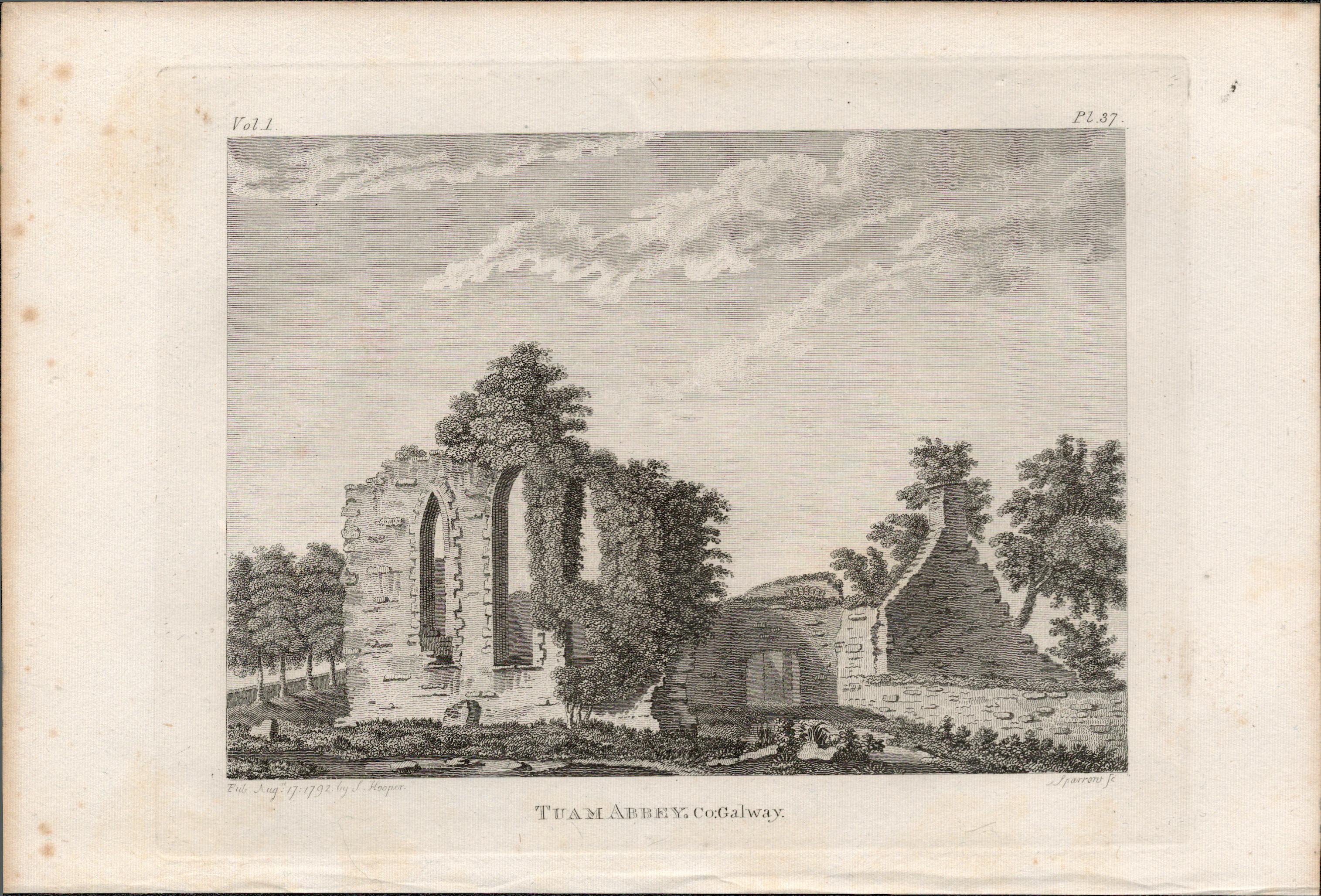 Tuam Abbey Co Galway F. Grose 1792 Antique Copper Block Engraving.