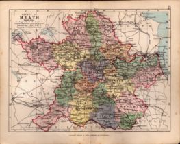 County Of Meath Ireland Antique Detailed Coloured Victorian Map.