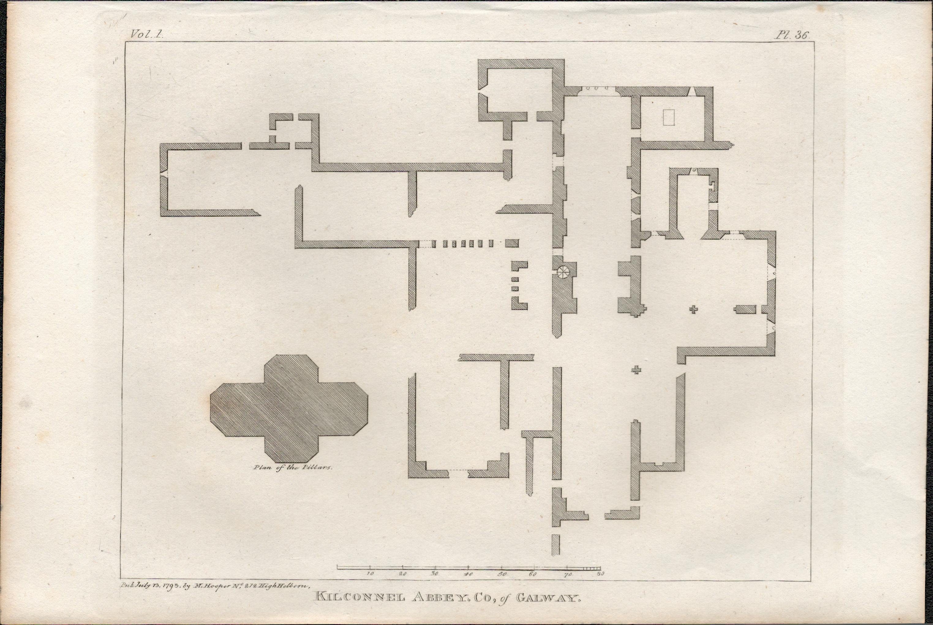 Kilconnel Abbey Plan Co Galway F. Grose 1793 Antique Copper Block Engraving.