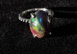 Beautiful 7.45 CT Natural Black Opal Ring With Natural Black Diamond & 18k Gold