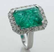 18ct White Gold Single Stone Emerald With Halo Setting Ring (E16.12) 1.32 Carats