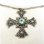 Artisan Sterling Silver 5CT Green Prasiolite Celtic Cross Necklace With Gift Pouch