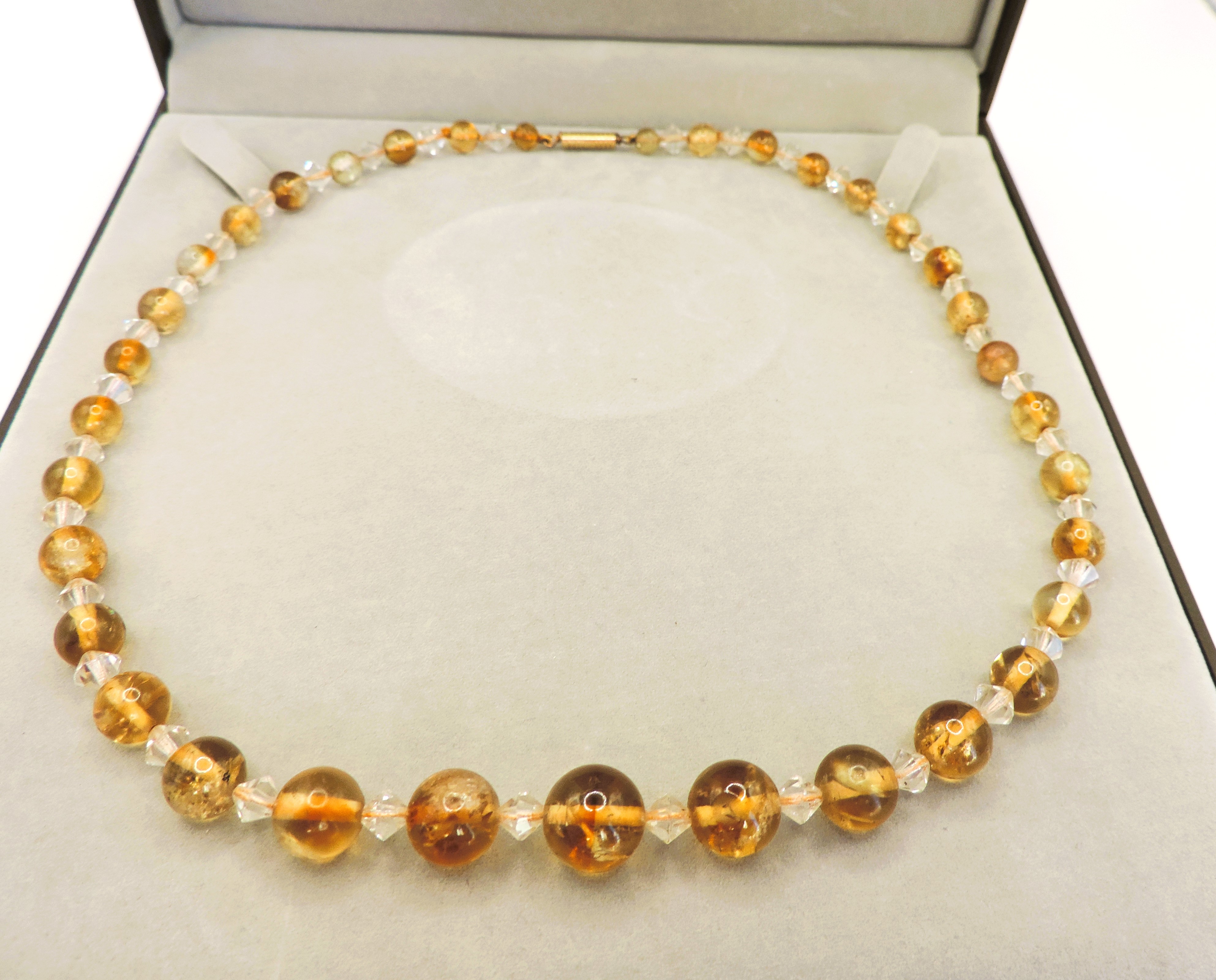 Vintage Citrine Bead & Rock Crystal Necklace 18 inches With Gift Pouch