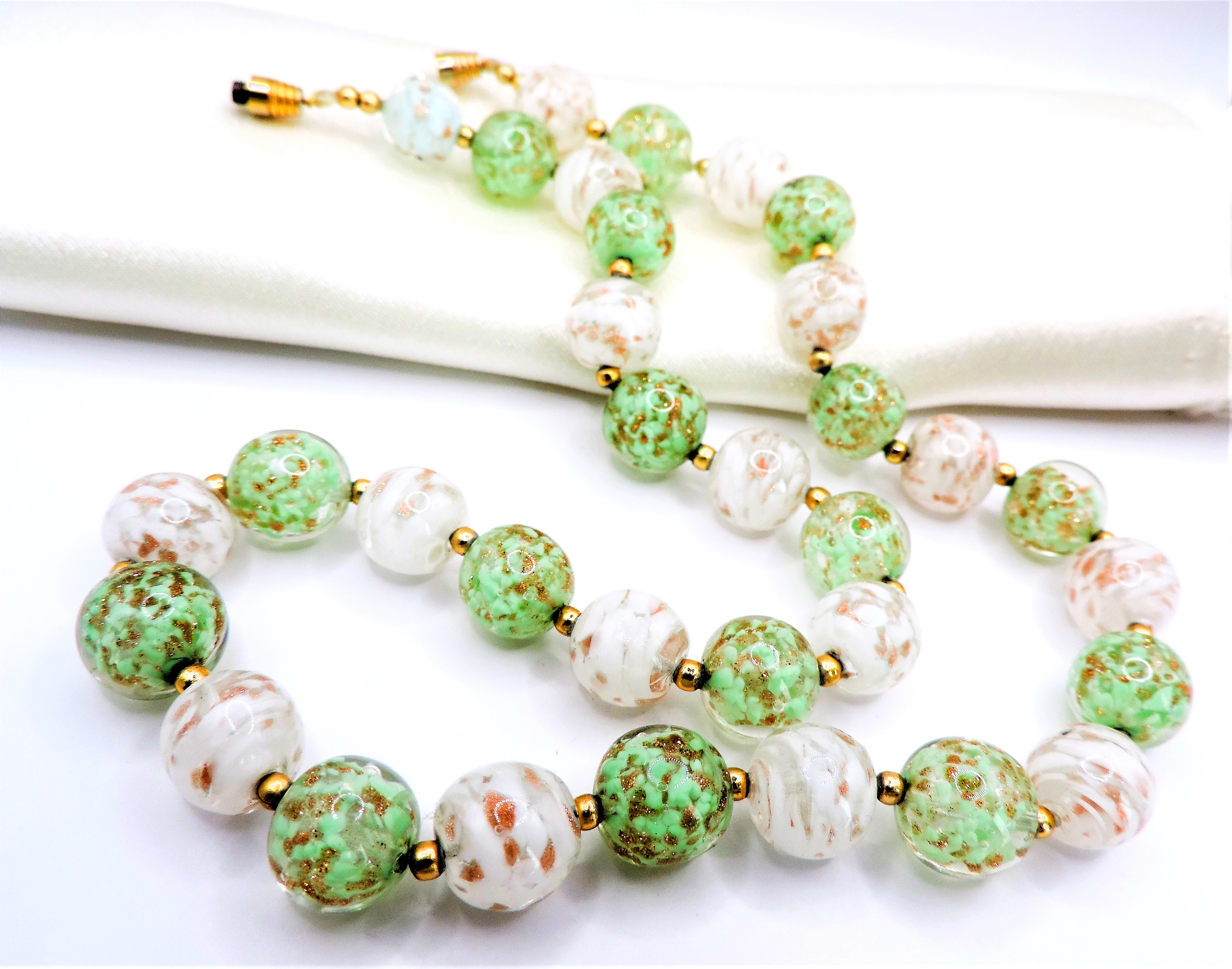 Murano Glass Necklace Green & White Beads with Gold Aventurine