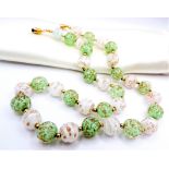 Murano Glass Necklace Green & White Beads with Gold Aventurine