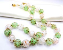 Murano Glass Necklace Green & White Beads with Gold Aventurine