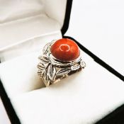 Sterling Silver Cabochon Red Jade Ring New With Gift Pouch
