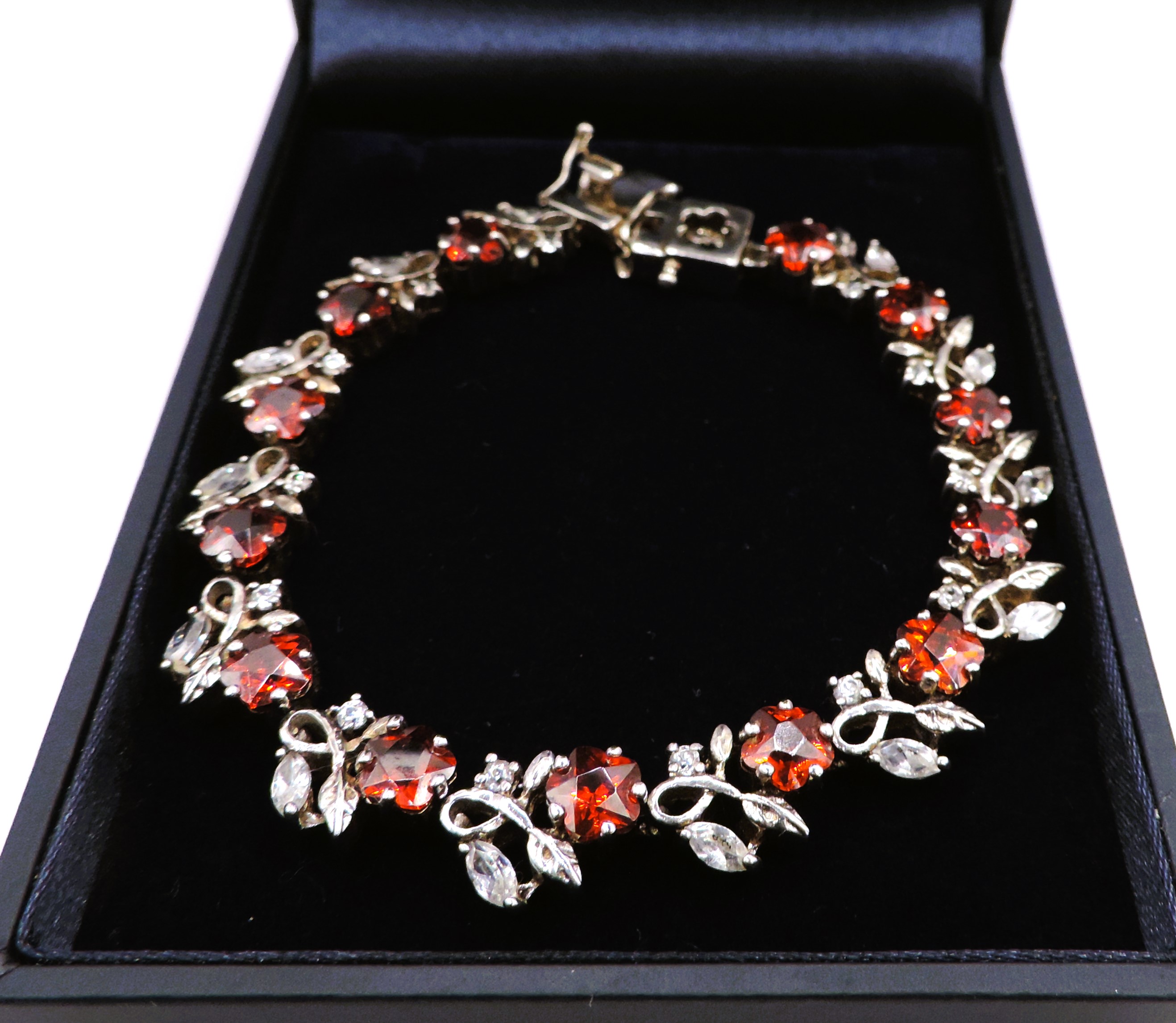 Sterling Silver Red & White Topaz Gemstone Bracelet New With Gift Box
