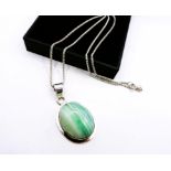 Sterling Silver Cabochon Striped Green Agate Necklace