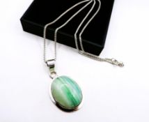 Sterling Silver Cabochon Striped Green Agate Necklace