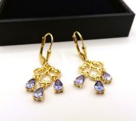 18K Gold on Sterling Silver Tanzanite Drop Earrings New with Gift Pouch