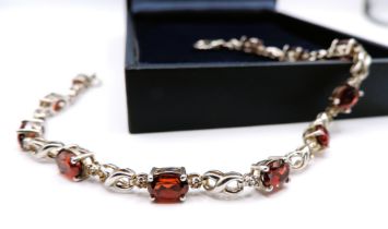 Sterling Silver Red & White Topaz Gemstone Tennis Bracelet New with Gift Box