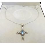Vintage Artisan Sterling Silver 4CT Aquamarine Cross Pendant Necklace With Gift Box