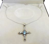 Vintage Artisan Sterling Silver 4CT Aquamarine Cross Pendant Necklace With Gift Box