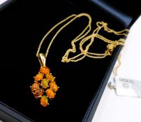 Gold on Sterling Silver Cabochon Fire Opal Necklace New With Gift Pouch