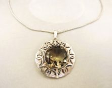 Sterling Silver 41CT Smokey Quartz Pendant Necklace Hallmark Date 1954